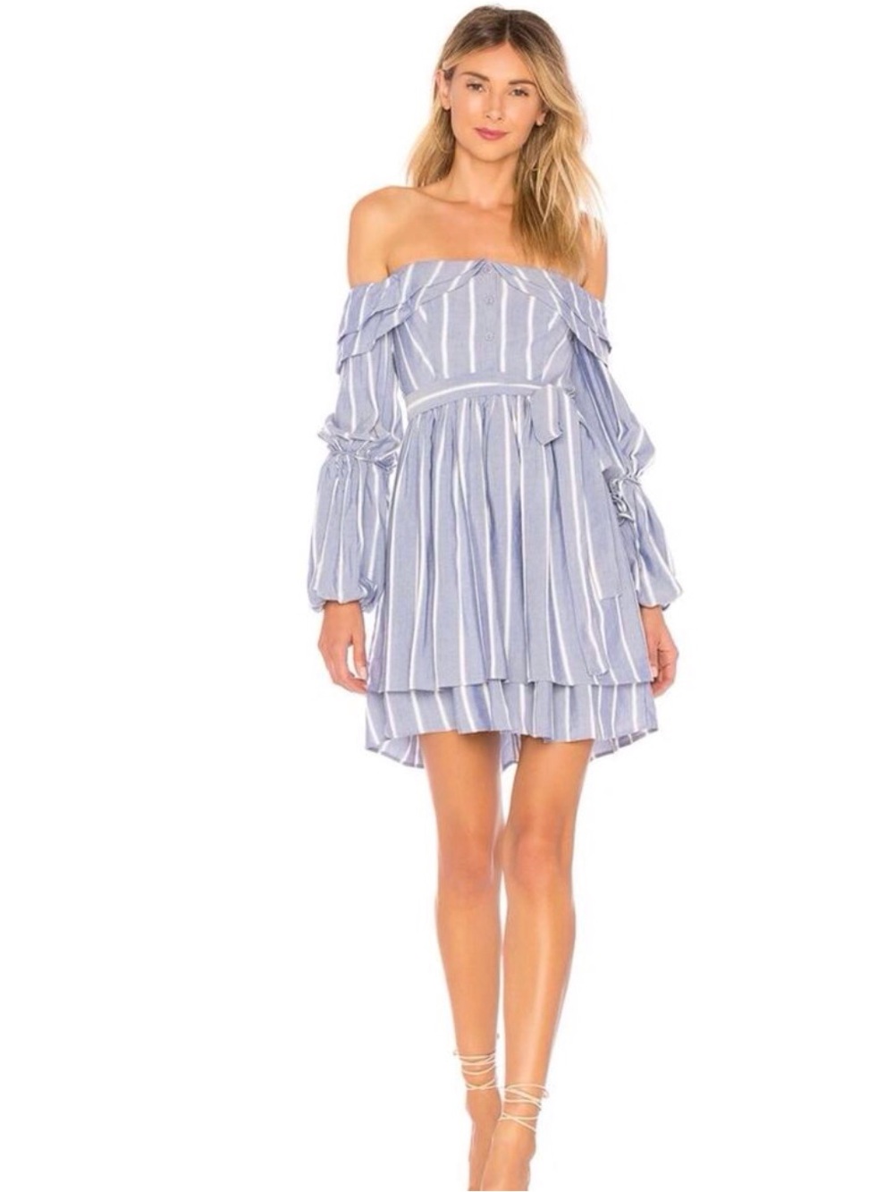 Auteur Revolve Size X-Small Stripe Linda Mini Dress Off The Shoulder Blue White